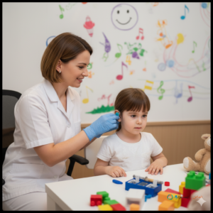 متخصص شنوایی در حال انجام تست یا تنظیم سمعک برای یک کودک خردسال در یک اتاق بازی و تست شنوایی کلینیک.